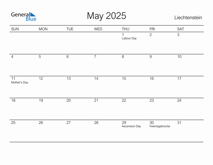 Printable May 2025 Calendar for Liechtenstein