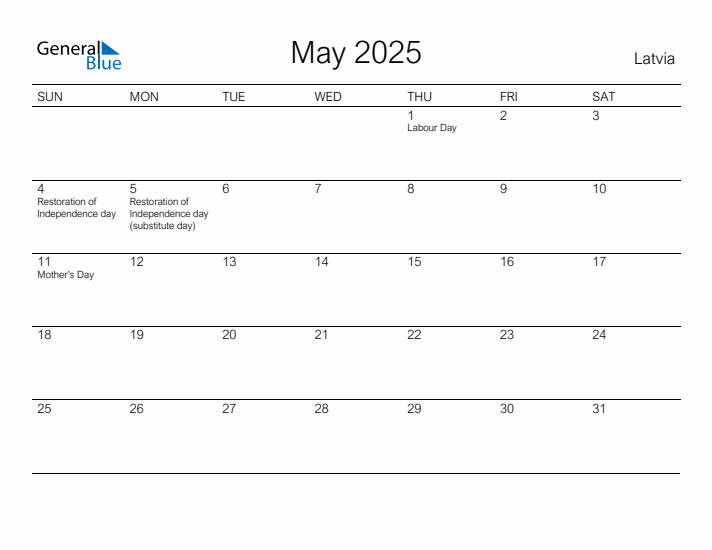 Printable May 2025 Calendar for Latvia