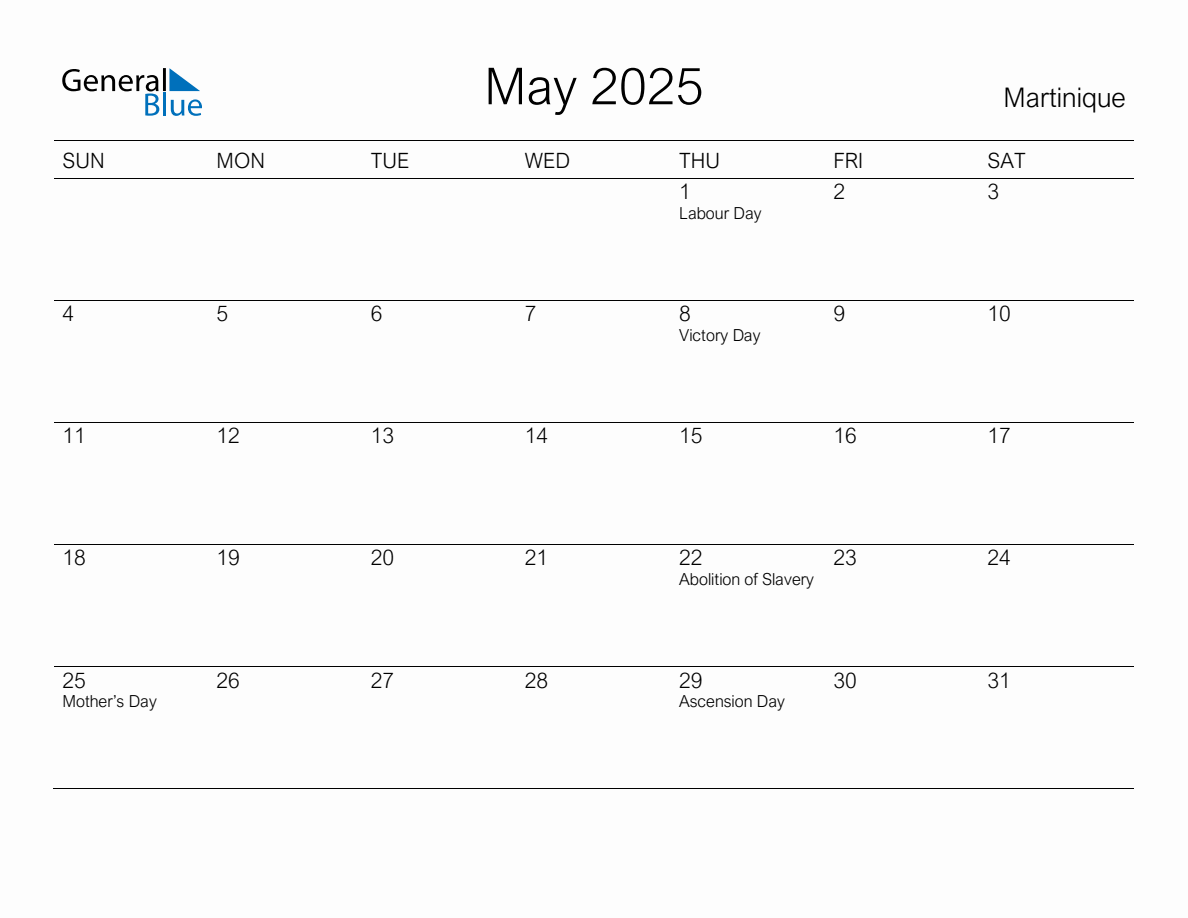 Printable May 2025 Monthly Calendar with Holidays for Martinique