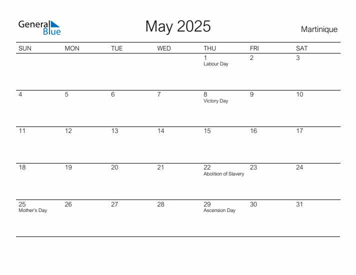 Printable May 2025 Calendar for Martinique