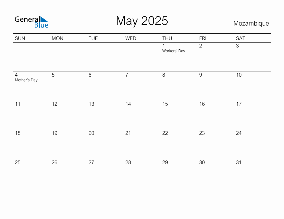 Printable May 2025 Monthly Calendar with Holidays for Mozambique