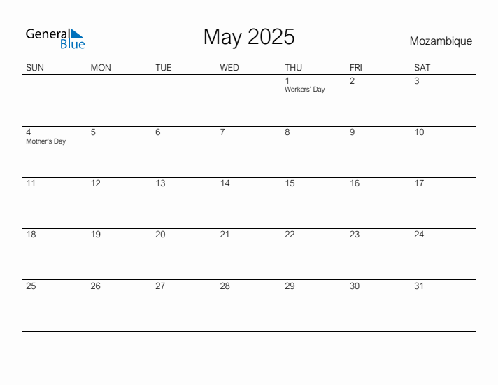 Printable May 2025 Calendar for Mozambique