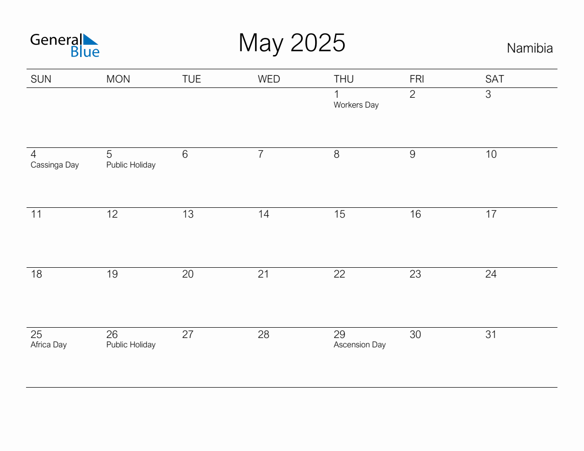 Printable May 2025 Monthly Calendar with Holidays for Namibia