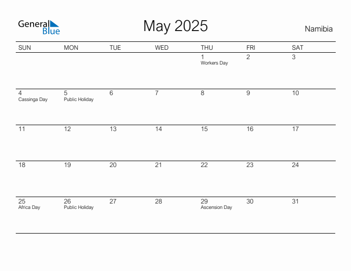 Printable May 2025 Calendar for Namibia