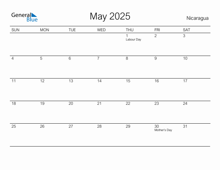 Printable May 2025 Calendar for Nicaragua