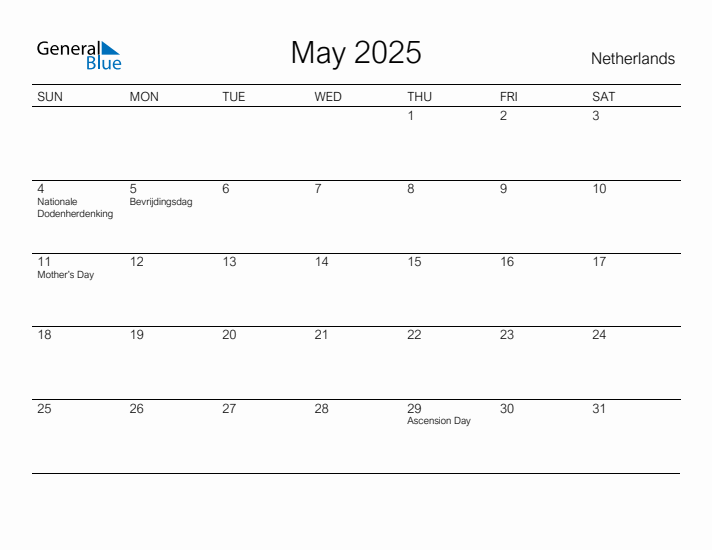 Printable May 2025 Calendar for The Netherlands