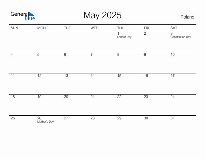 Printable May 2025 Calendar for Poland