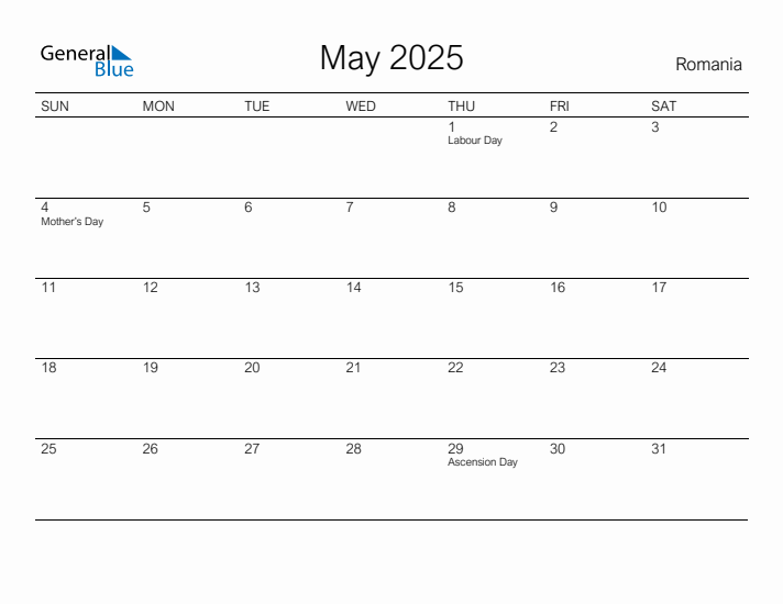 Printable May 2025 Calendar for Romania