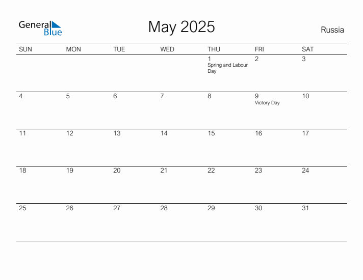 Printable May 2025 Calendar for Russia