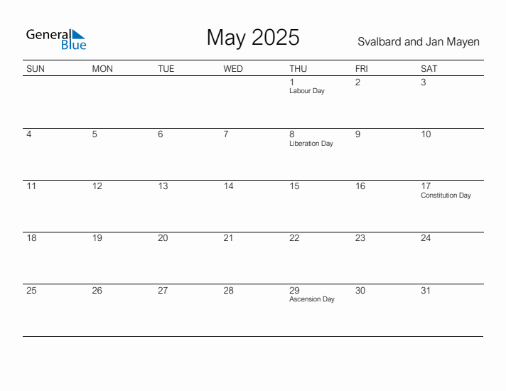 Printable May 2025 Calendar for Svalbard and Jan Mayen