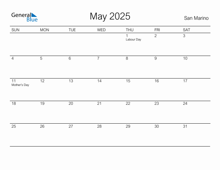 Printable May 2025 Calendar for San Marino