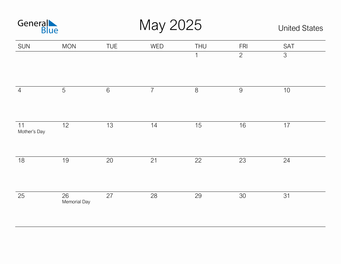 Printable May 2025 Monthly Calendar with Holidays for United States