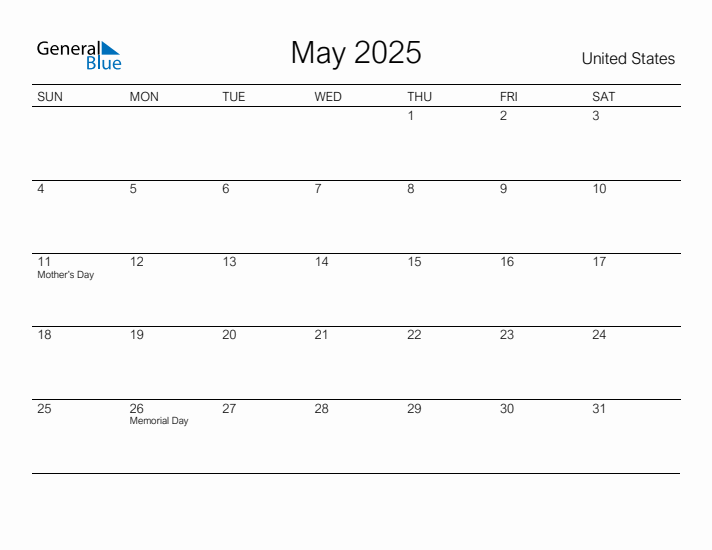 Printable May 2025 Calendar for United States