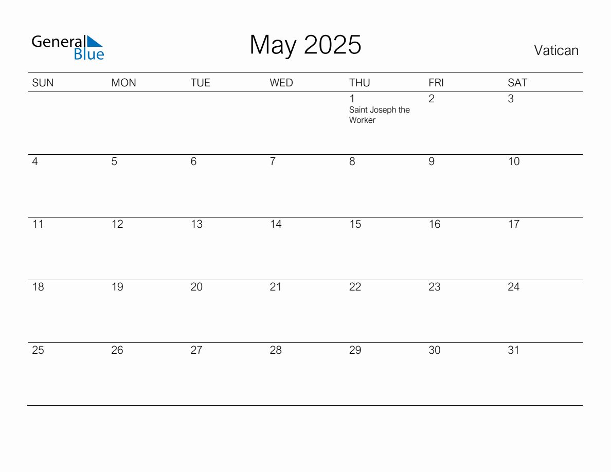 Printable May 2025 Monthly Calendar with Holidays for Vatican