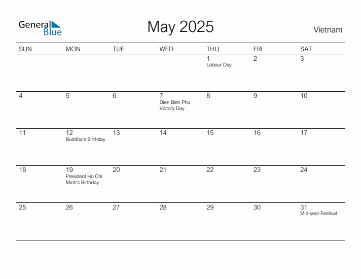 Printable May 2025 Calendar for Vietnam