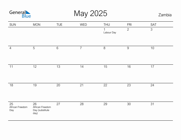 Printable May 2025 Calendar for Zambia