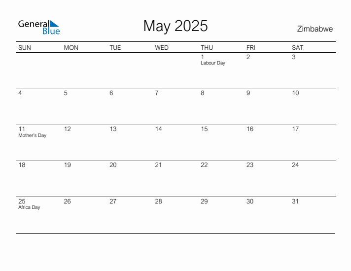 Printable May 2025 Calendar for Zimbabwe