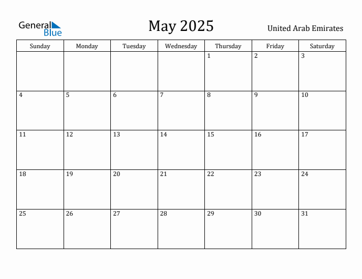 May 2025 Calendar United Arab Emirates