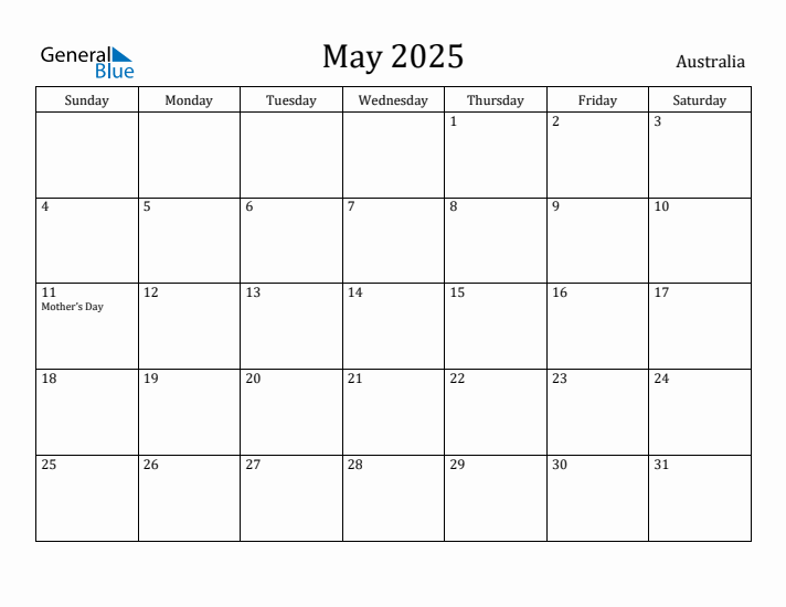 May 2025 Monthly Calendar with Australia Holidays