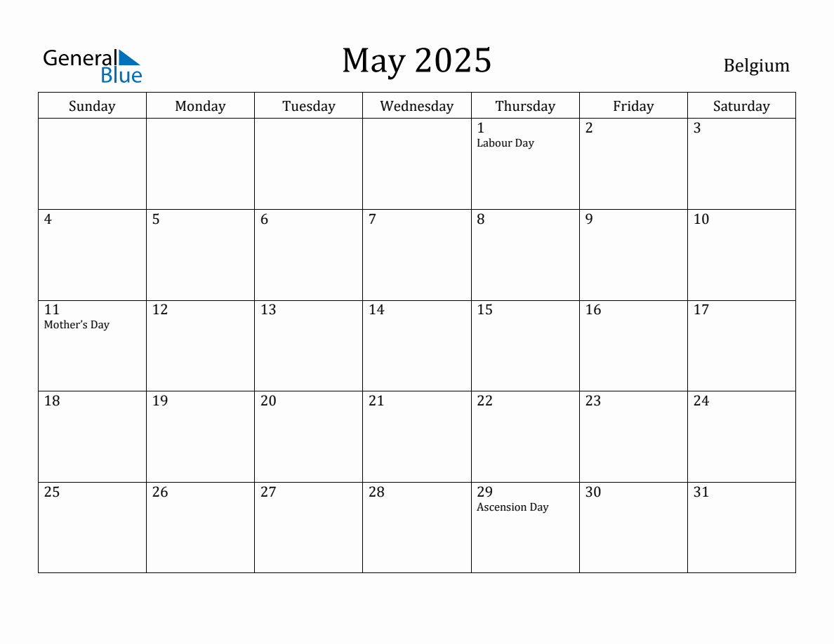 May 2025 Monthly Calendar with Belgium Holidays