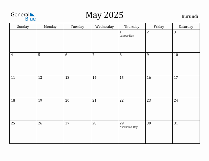 May 2025 Calendar Burundi