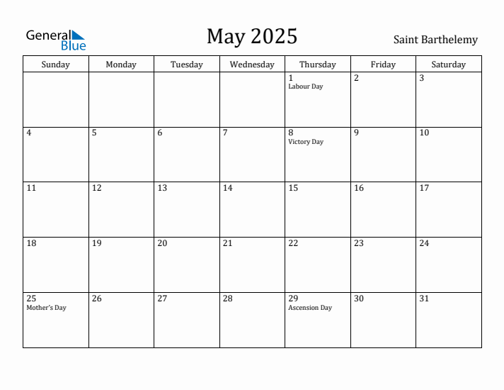 May 2025 Calendar Saint Barthelemy