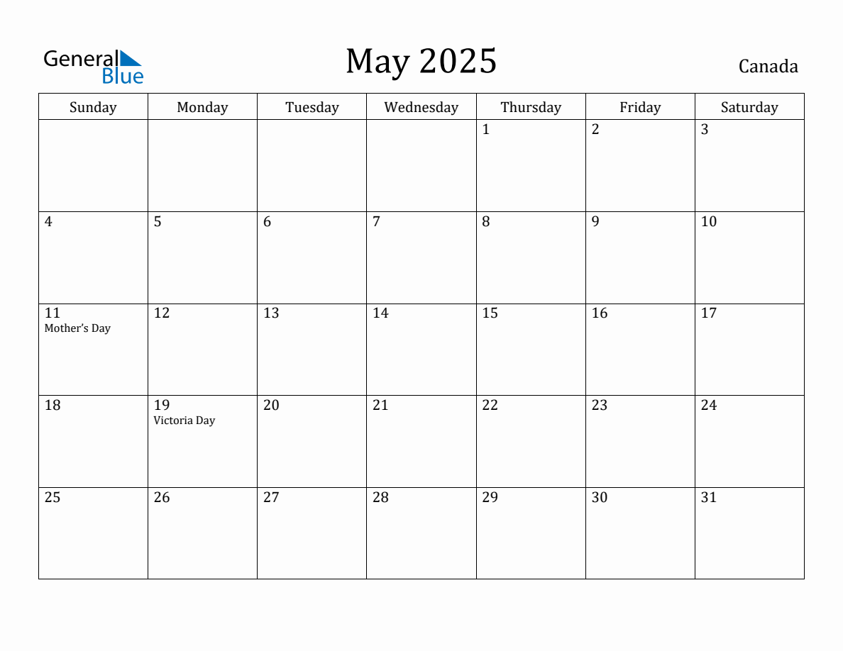 May 2025 Monthly Calendar with Canada Holidays