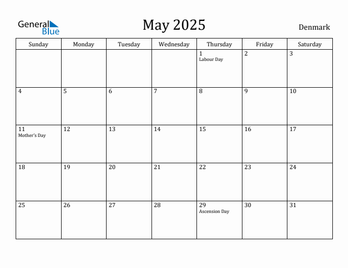 May 2025 Monthly Calendar with Denmark Holidays