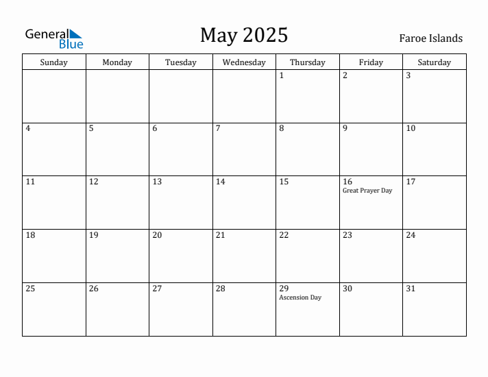 May 2025 Calendar Faroe Islands