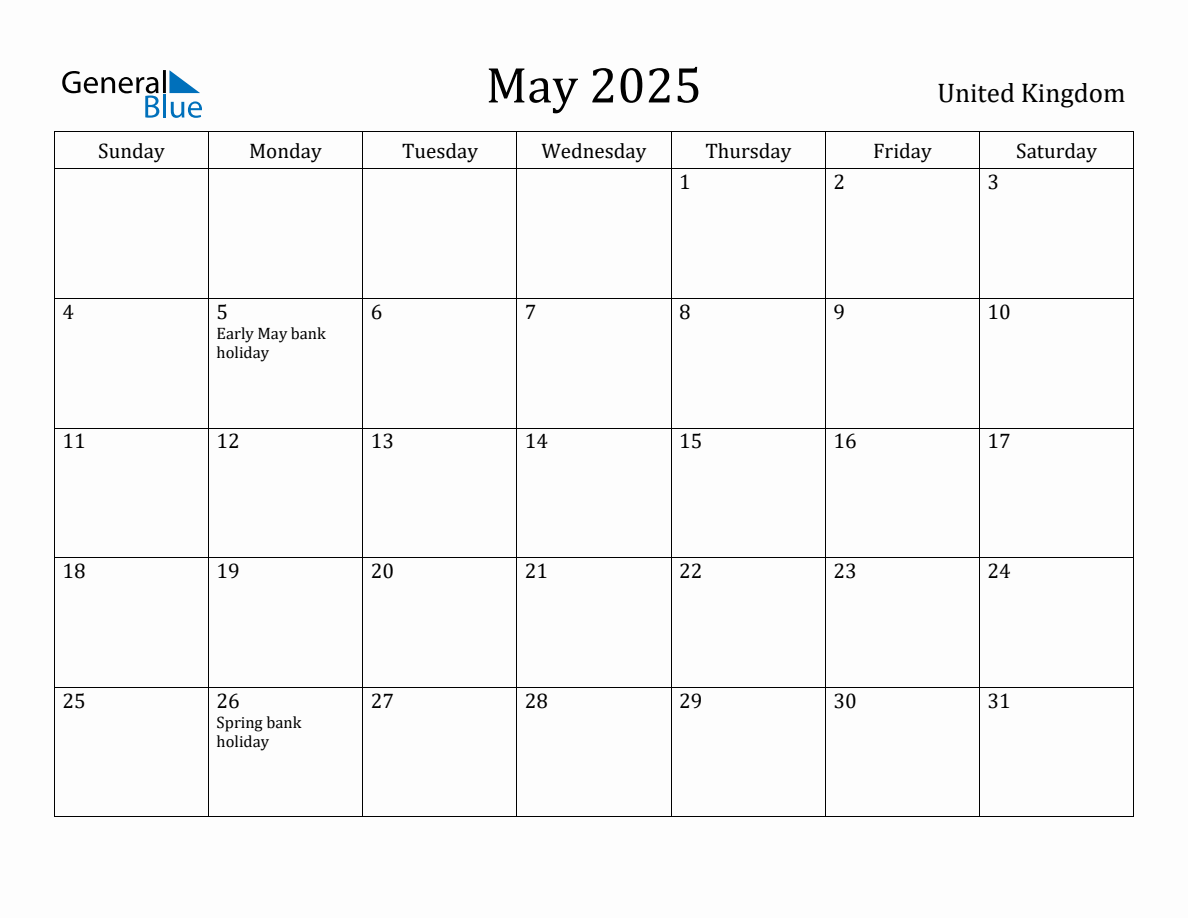 May 2025 Monthly Calendar with United Kingdom Holidays