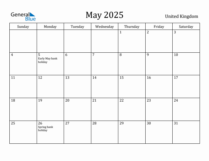 May 2025 Monthly Calendar with United Kingdom Holidays