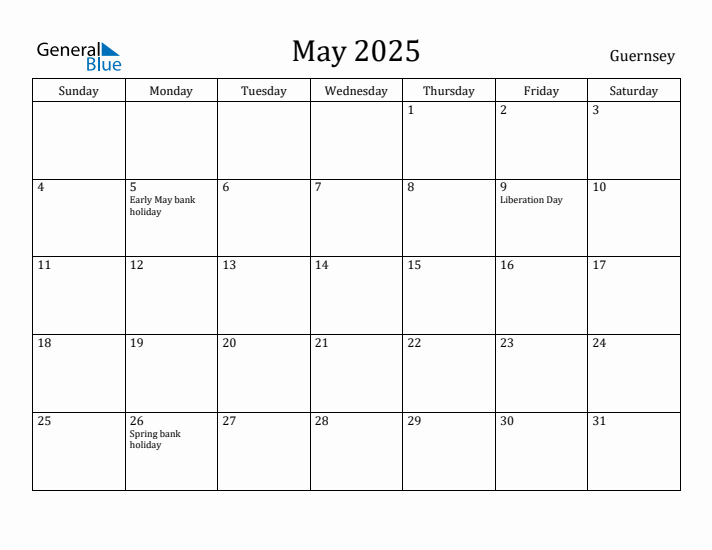 May 2025 Calendar Guernsey