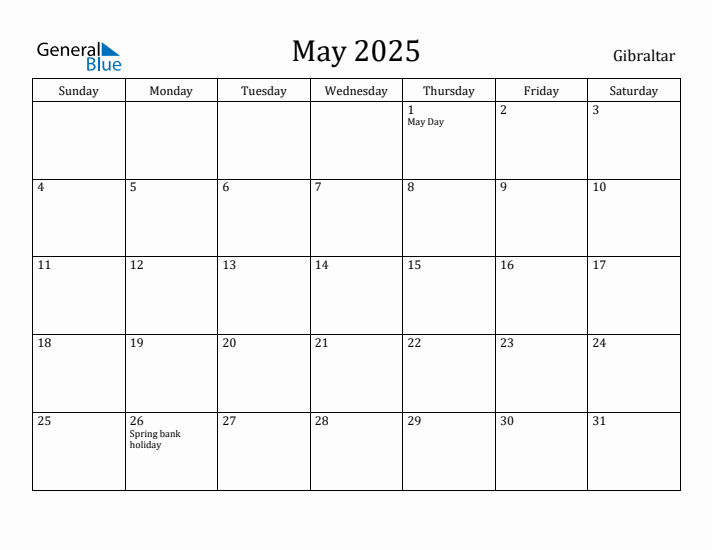May 2025 Calendar Gibraltar