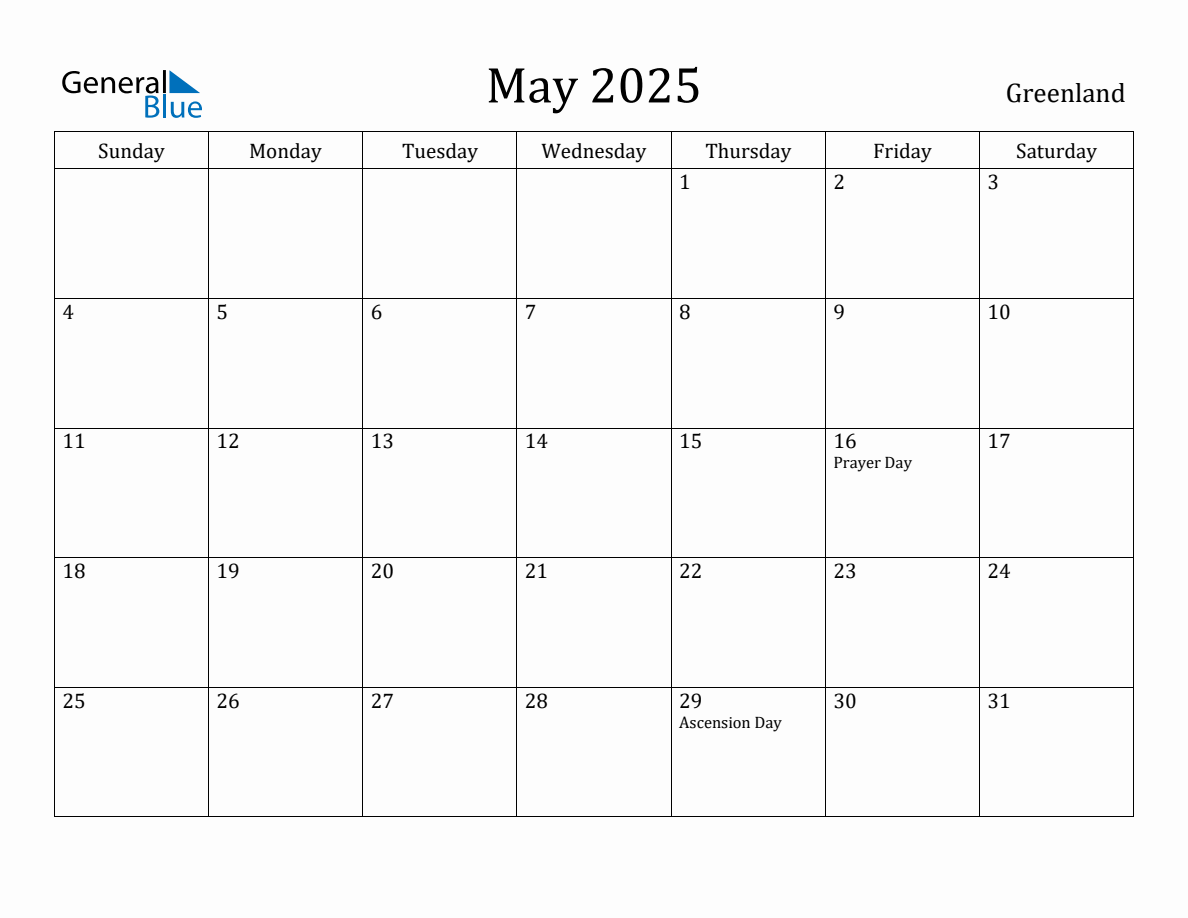 May 2025 Monthly Calendar with Greenland Holidays