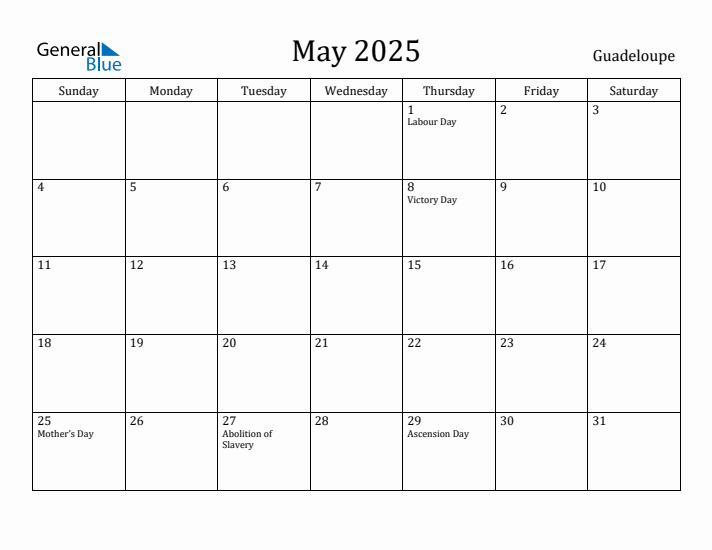 May 2025 Monthly Calendar with Guadeloupe Holidays