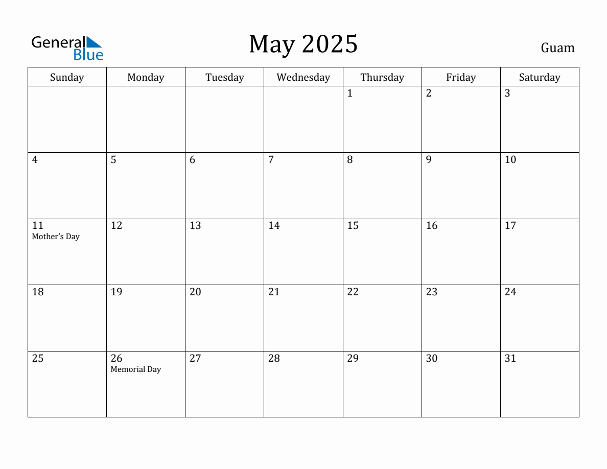 May 2025 Monthly Calendar with Guam Holidays