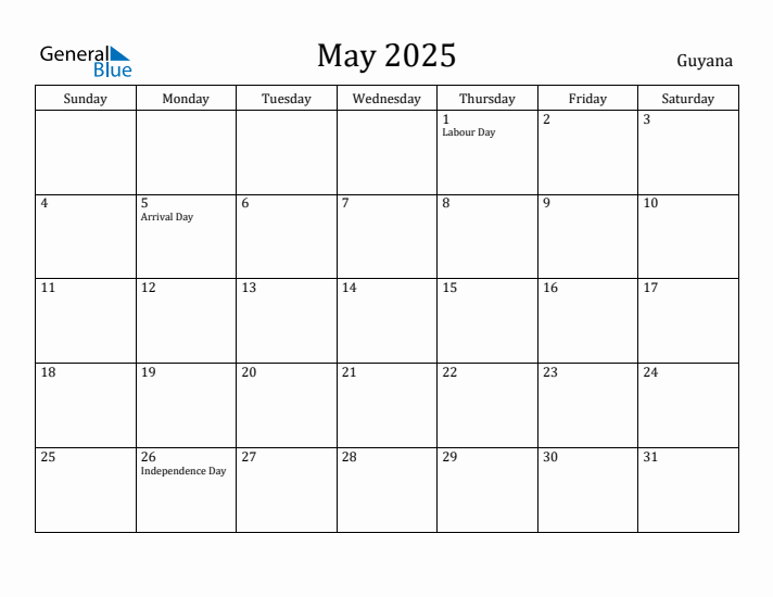 May 2025 Calendar Guyana