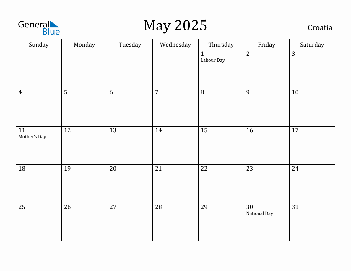 May 2025 Monthly Calendar with Croatia Holidays