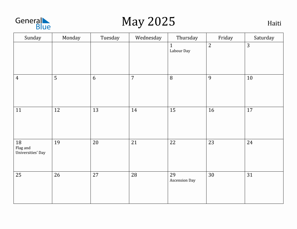 May 2025 Monthly Calendar with Haiti Holidays