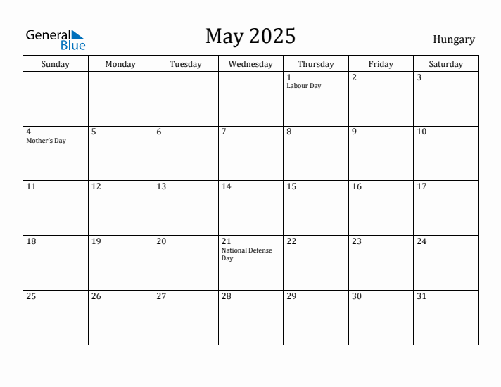 May 2025 Calendar Hungary