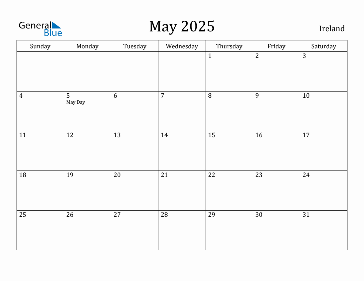 May 2025 Monthly Calendar with Ireland Holidays