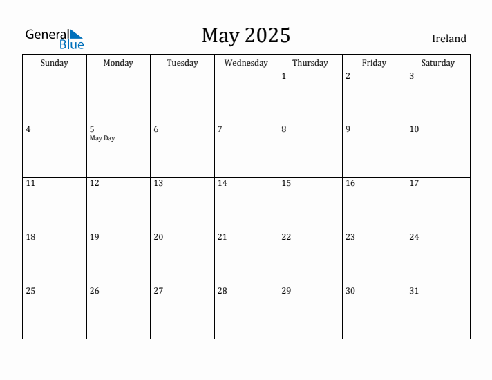 May 2025 Monthly Calendar with Ireland Holidays