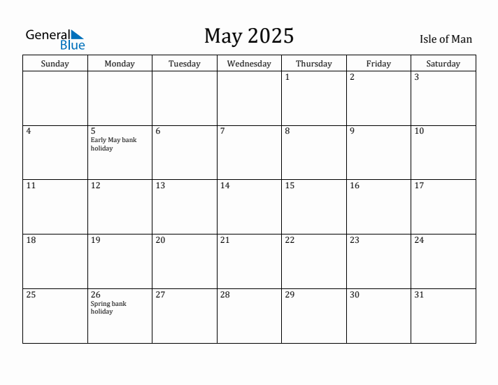 May 2025 Calendar Isle of Man