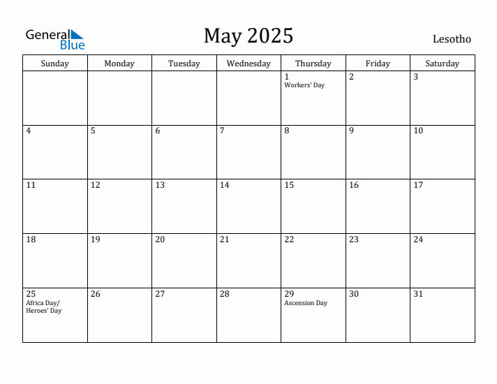 May 2025 Calendar Lesotho