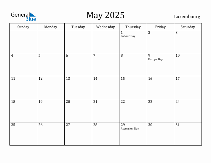 May 2025 Calendar Luxembourg