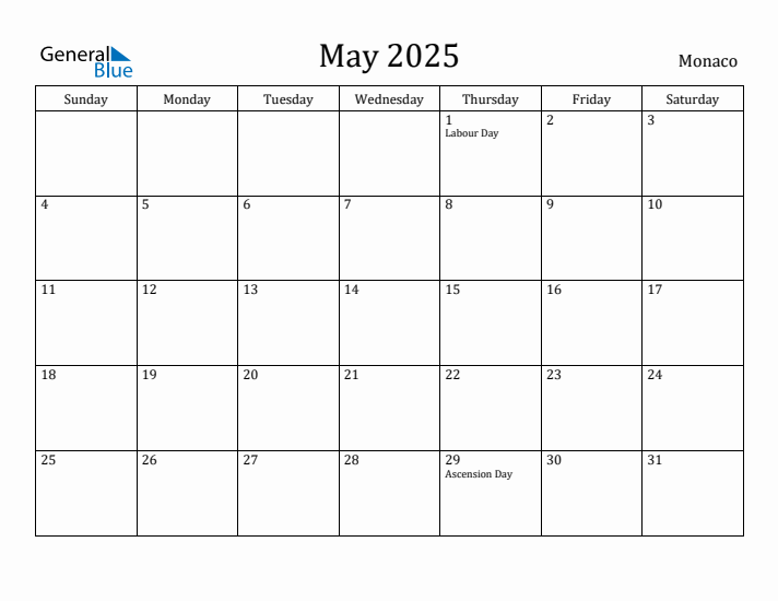 May 2025 Monthly Calendar with Monaco Holidays