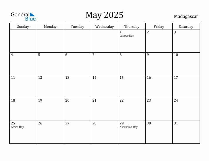 May 2025 Calendar Madagascar