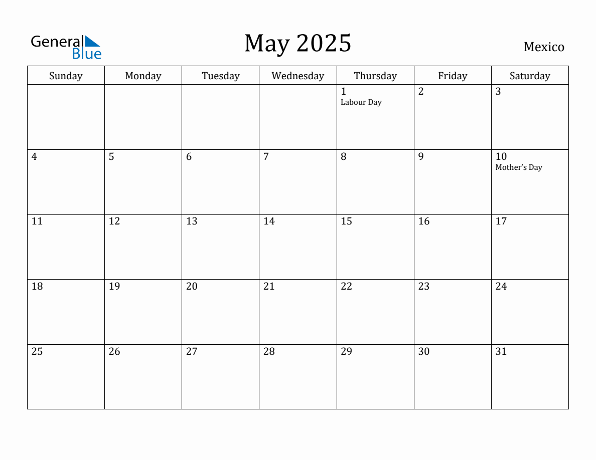 May 2025 Monthly Calendar with Mexico Holidays