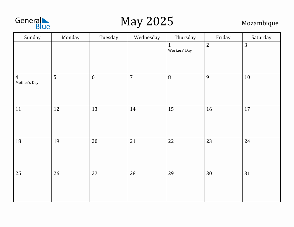 May 2025 Monthly Calendar with Mozambique Holidays