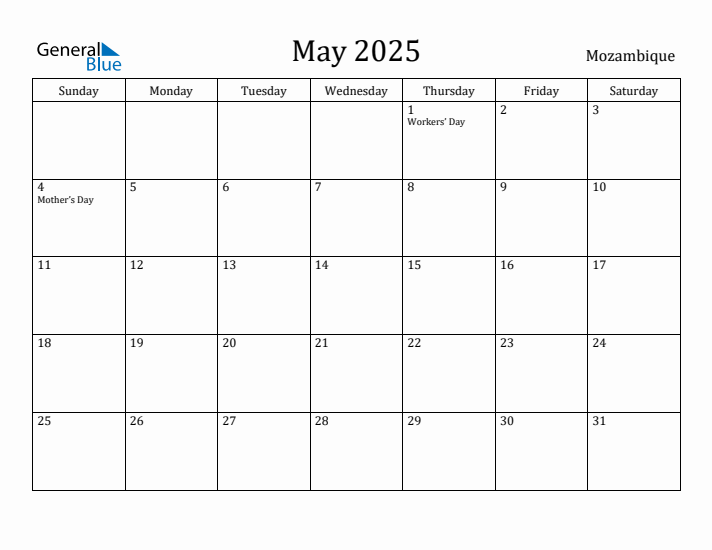 May 2025 Calendar Mozambique